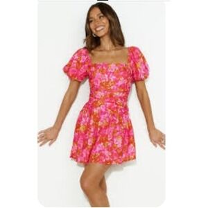 Hello Molly Say You Love Mini Dress Womens Size M Pink Floral Puff Sleeve NEW